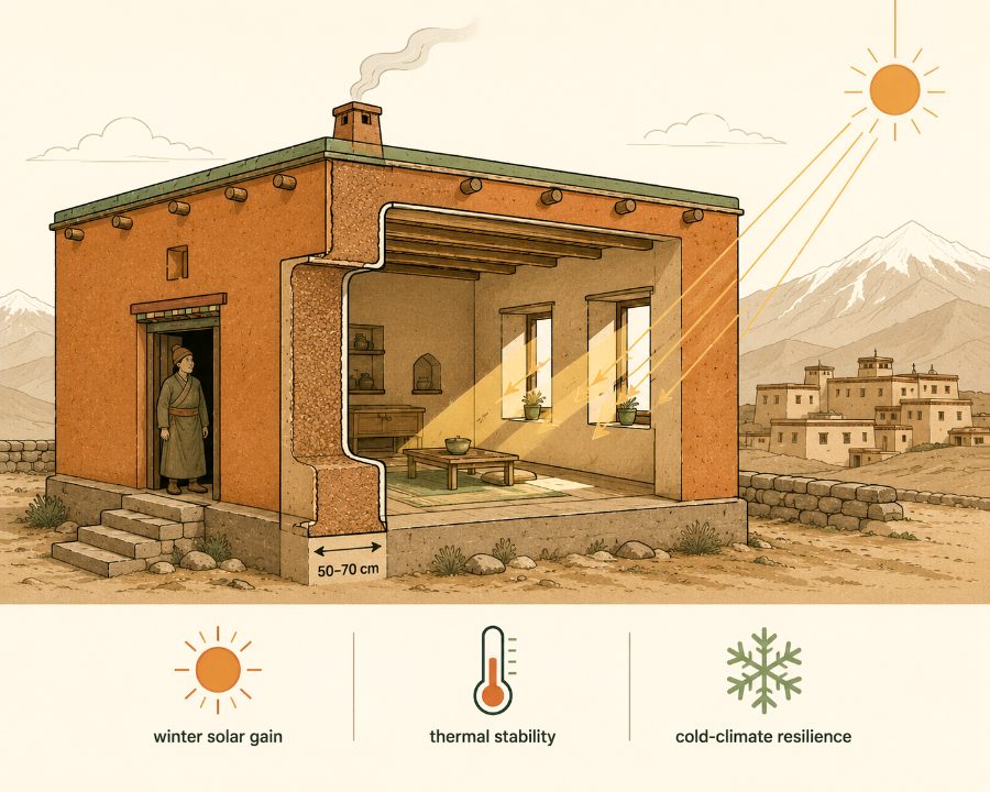 Thick-wall thermal mass house